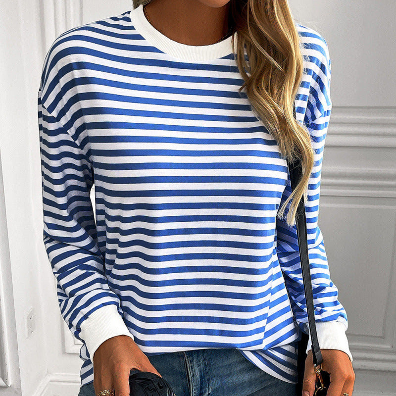 Navy Striped Crew-neck Long-sleeve Loose-fitting Top