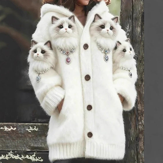 Womens Mid-Length Plush Cartoon Hooded Coat