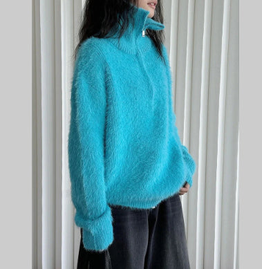 Korean-style Relaxed Faux Mink High-neck Sweater Top