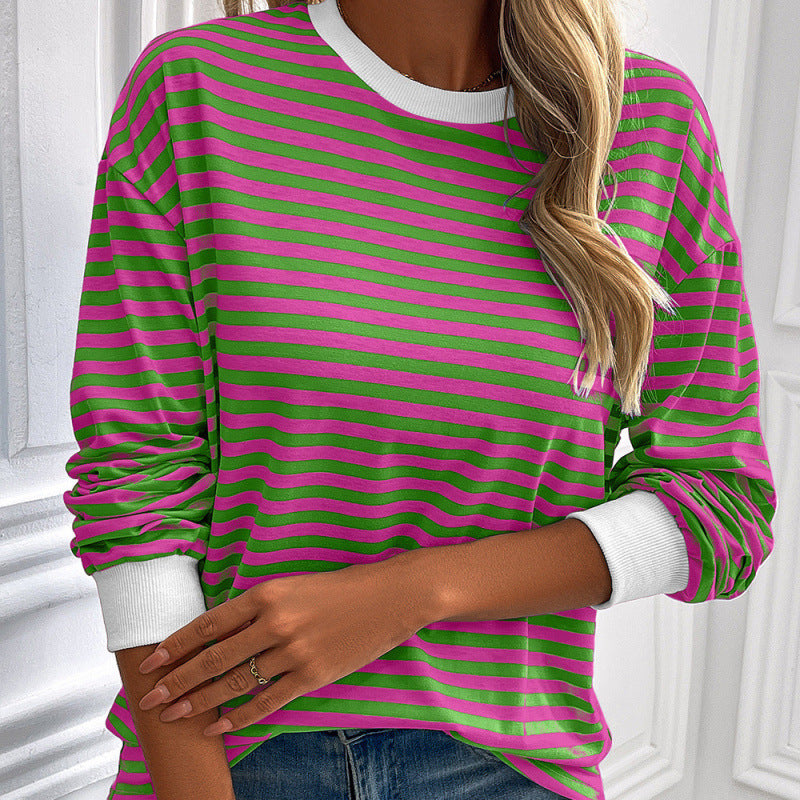 Navy Striped Crew-neck Long-sleeve Loose-fitting Top