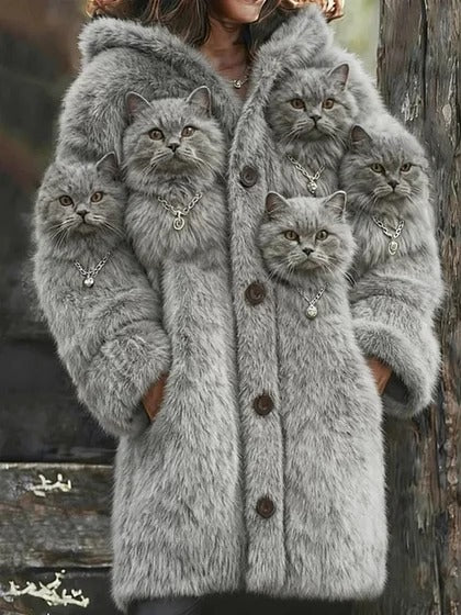 Womens Mid-Length Plush Cartoon Hooded Coat