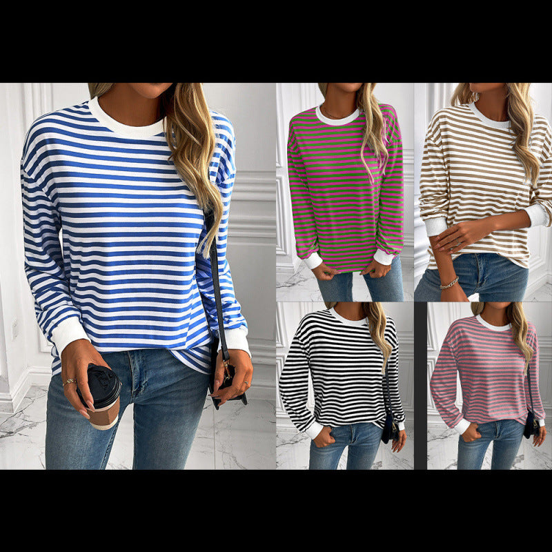 Navy Striped Crew-neck Long-sleeve Loose-fitting Top