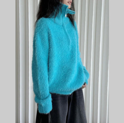 Korean-style Relaxed Faux Mink High-neck Sweater Top