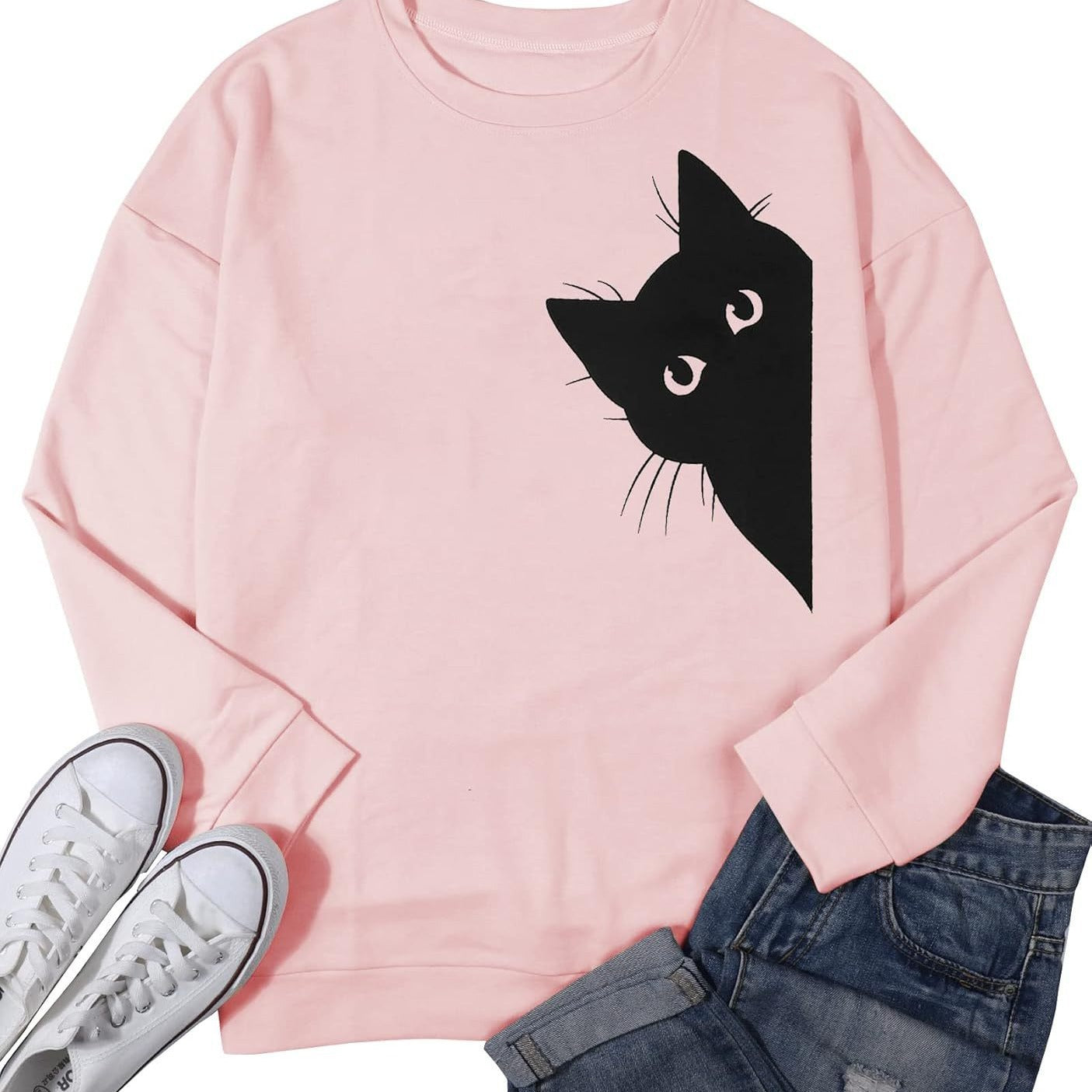 Womens Fashion Solid-color Crew-neck Long-sleeve Top